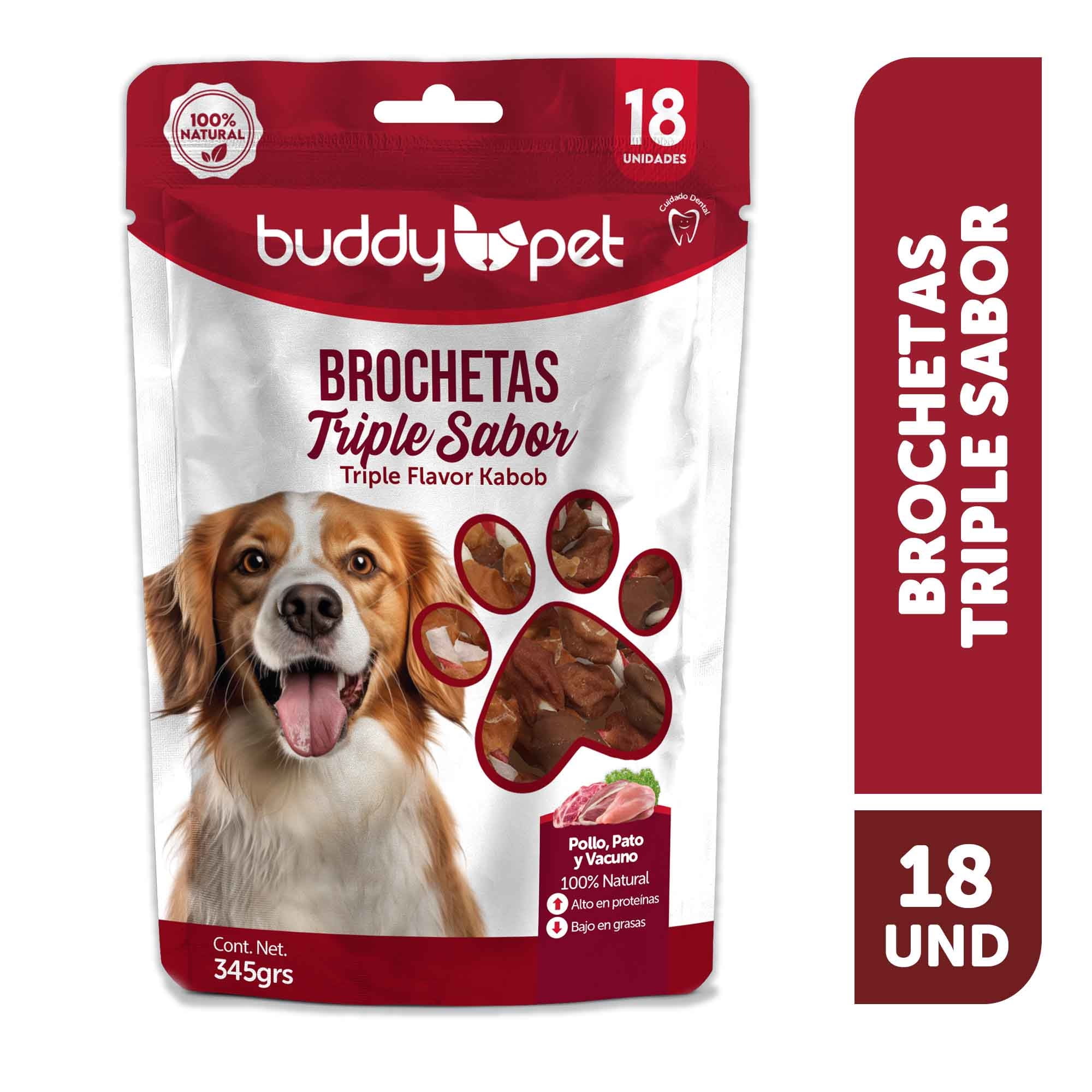 Snack Perro Adulto Brochetas Triple Sabor Pollo, Pato Y Vacuno Bolsa 18 Un Buddy Pet
