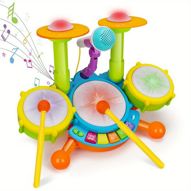 Kids Drum Set Musical Toys For Toddlers With 2 Drum Sticks Microphone Instruments Piano Light Up Toys For Boy Girl Gifts Learning Developmental Toys For Toddler