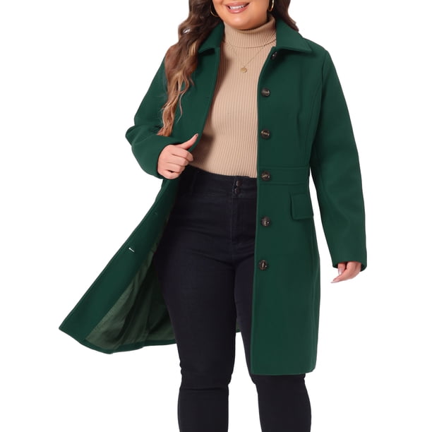 Abrigo de talla grande para mujer Agnes Orinda, sólido, con botones, largo, para otoño e invierno, con bolsillos, 4X, verde oscuro