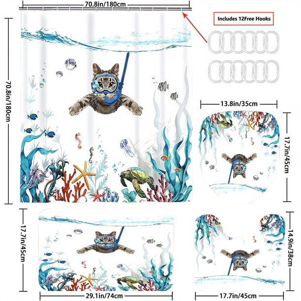 1pc Cute Diving Cat Pattern Waterproof Shower Curtain with Non-Slip Mat and Toilet Cover - U Shaped Toilet Mat and Bathroom Accessories for Home Decor