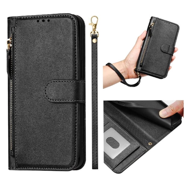 Funda Billetera Cremallera para Samsung Galaxy S24 Ultra 5G con Porta Tarjetas, Soporte y Correa Negro