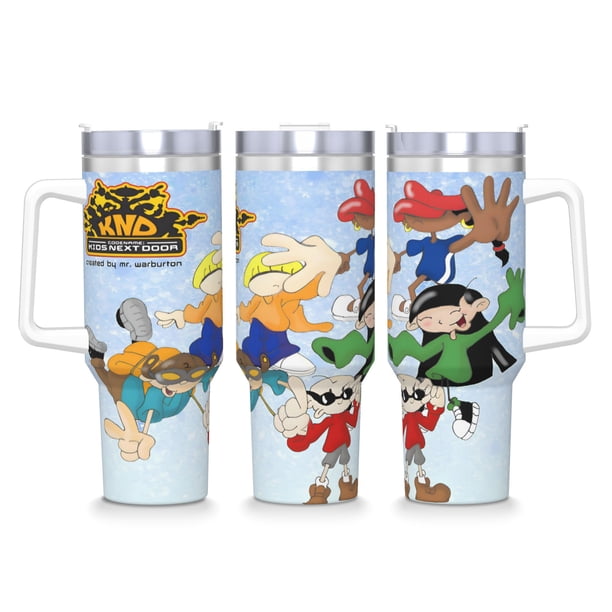 Código: KND Vaso aislado de acero inoxidable con asa, diseño temático, regalo para familia, amigos y fans; incluye pajita y encaja en el portavasos estándar, 40 oz