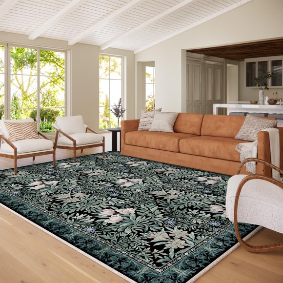 ALFOMBRA Baksham 244x152 cm Negro y Verde con Diseño Floral Lavable