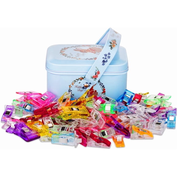 Clips CampTek para tela de coser, paquete de 100 unidades, con caja de hojalata, varios