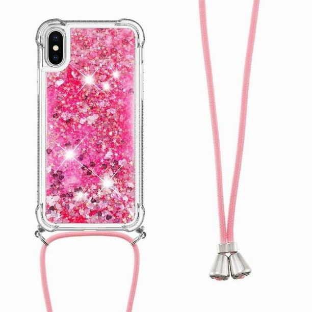 Funda FOXDOCK para iPhone X/Xs con Cuerda Ajustable, Brillo Líquido, Protección Antigolpes y Lente – Ideal para Regalo