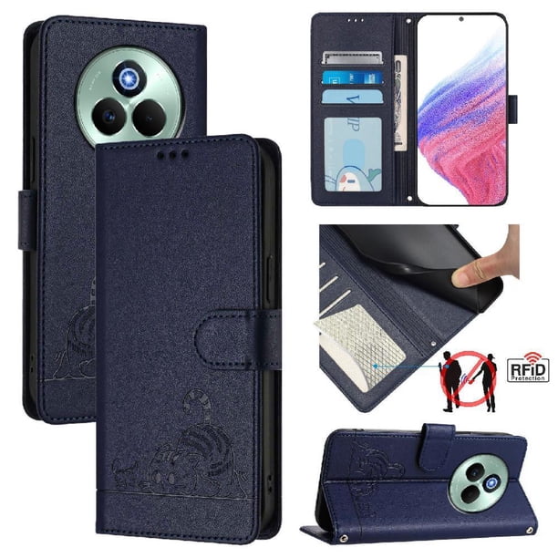Funda tipo cartera FOXDOCK para Realme P3 Pro 5G con soporte, ranuras, RFID, diseño de gato
