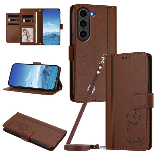 Funda Cartera Trébol para Samsung Galaxy S23 Plus con Ranuras Tarjetas y Carga Inalámbrica Marrón