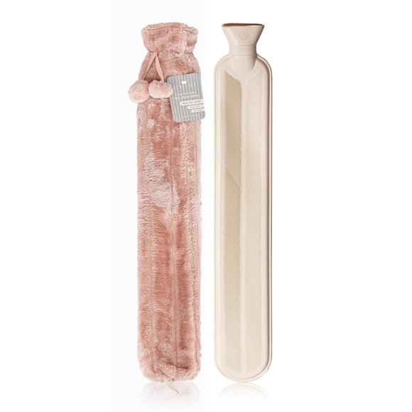 Bolsa de agua caliente extralarga Revitale con funda de pelo suave y pompones - 72 cm / 2 L (rosa)