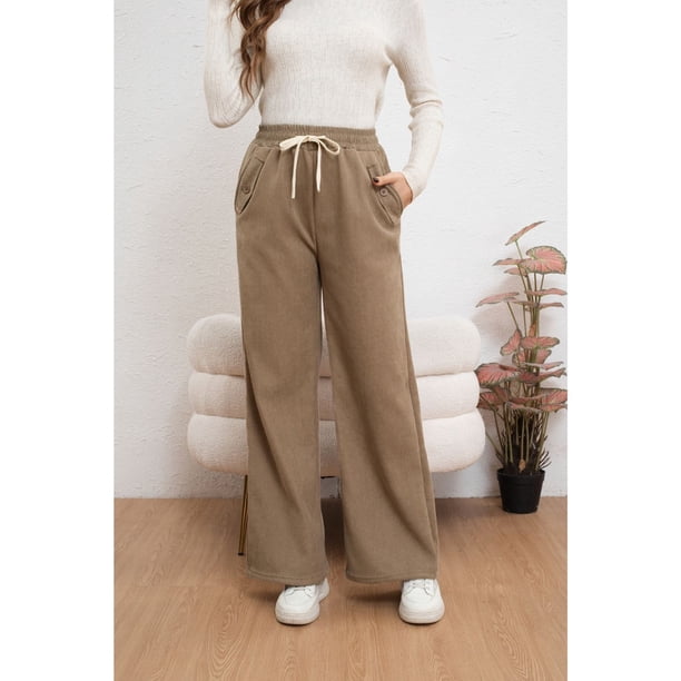 Pantalón Mujer Bolsillo Botones Pierna Ancha Wide Leg Cotele 7130