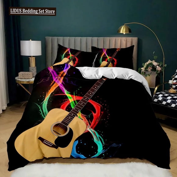 v1113 Bed Sheets Guitar Duvet Cover Set Electric Guitar In Burning Musical Creativity Concept Music Double Queen King Size Polyester Qulit Cover 3-Piece Bedding Set (1 Duvet Cover + 2 Pillow Shams) B