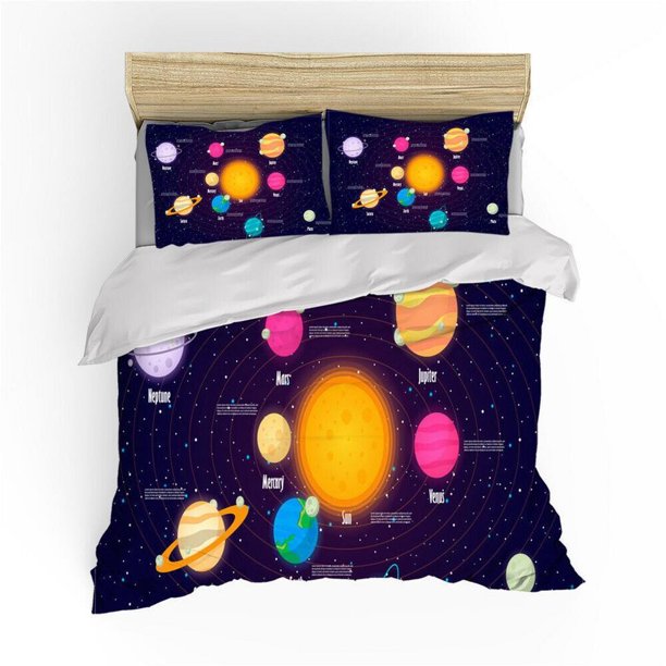 Colored Planets Earth Mars Solar System Quilt Duvet Cover Set 3-Piece Bedding Set