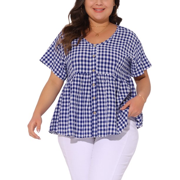 Agnes Orinda Blusa Casual Babydoll de Manga Corta con Cuello en V, Decoración de Botones, Peplum a Cuadros, Talla Grande para Mujer, Talla 3X, Azul