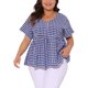 thumbnail image 1 of Agnes Orinda Blusa Casual Babydoll de Manga Corta con Cuello en V, Decoración de Botones, Peplum a Cuadros, Talla Grande para Mujer, Talla 3X, Azul, 1 of 8