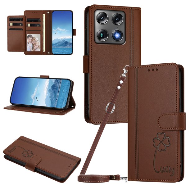 Funda Cartera Trébol para Motorola Signature 5G con Ranuras Tarjetas y Carga Inalámbrica Marrón