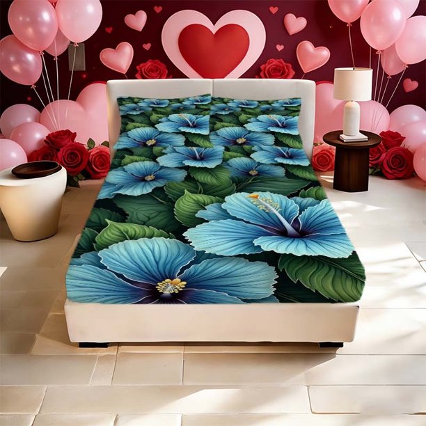 Blue Floral Print Fitted Sheet Set a Must-have for Home and Guest Rooms Features Deep Pockets