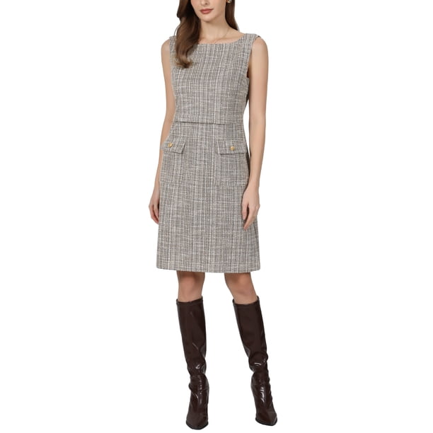 INSPIRE CHIC Vestido sin mangas de tweed para mujer, atuendo de maestra para el regreso a clases, vestido de oficina con cuello barco, color marrón beige