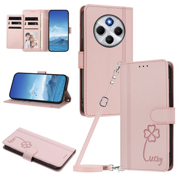 Funda Cartera Trébol para Xiaomi Poco M7 5G con Ranuras Tarjetas y Carga Inalámbrica Rosa