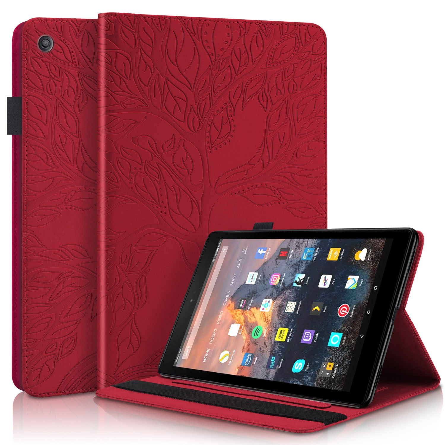 Foxdock - Funda Con Relieve Del Árbol De La Vida Para Tablet Fire Hd10(2017) Con Soporte, Ranuras Para Tarjetas Y Soporte Para Lápiz Óptico. Rojo