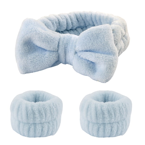 3-Piece Spa Headband & Wristband Set: Super Cute & Soft Elastic Bow Headbands for Women & Girls - Highly Absorbent for Washing Face, Shower & Make Up