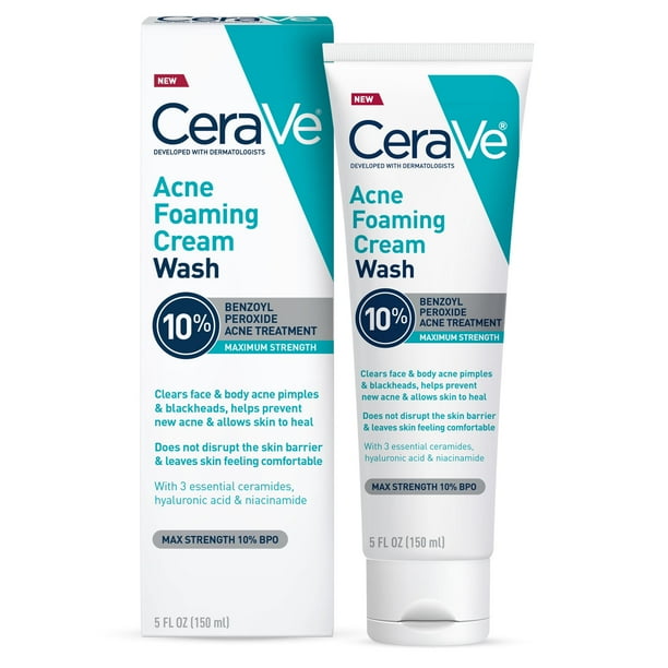 Cerave Crema limpiadora espumosa para el acné | Limpiador suave para rostro y cuerpo con peróxido de benzoilo y ácido hialurónico 10%, 150ml