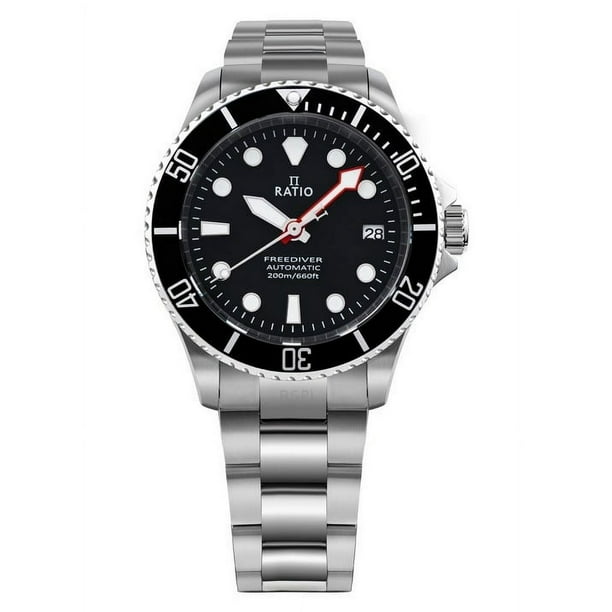 Reloj Ratio FreeDiver Zafiro Acero Inoxidable Esfera Negra Automático RTF041 200M Reloj para Hombre
