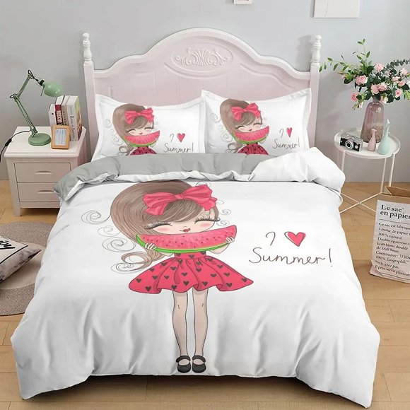 x279 Bed SheetsCartoon Lovely Girls Duvet Cover Cute Little Girl Pattern Bedding Set Kids Pink Pretty /Polyester Quilt Cover 3-Piece Bedding Set (1 Duvet Cover + 2 Pillow Shams) nj279