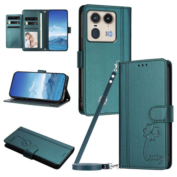 Funda Cartera Trébol para Motorola Edge 50 Ultra 5G con Ranuras Tarjetas y Carga Inalámbrica Verde oscuro
