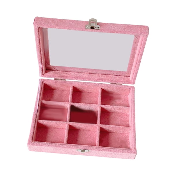 Bandeja De Joyería De Terciopelo Con Tapa Transparente Rosa, Caja De Almacenamiento Para Anillos Y Pendientes, 9 Rejillas