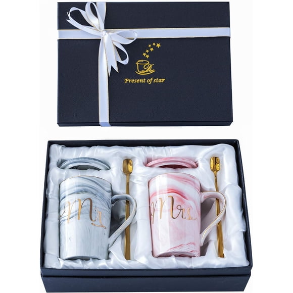Set de tazas de café de cerámica Jumway 414 ml Mr Mrs dorado