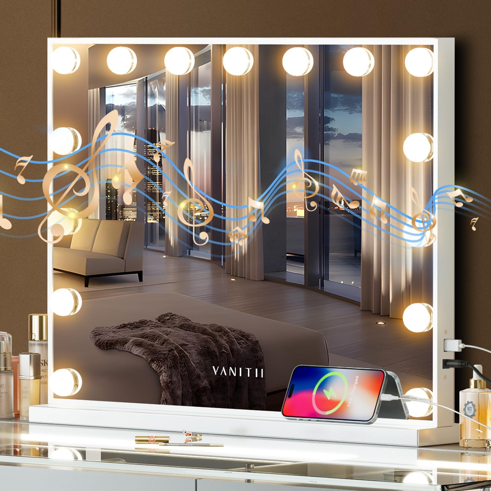 Vanitii - Espejo Vanity Hollywood Con Altavoz De Luces, Carga Usb, Espejo De Maquillaje Con Bombillas, 3 Modos De Iluminación Y Espejo Iluminado De Escritorio Para Dormitorio Y Vestidor
