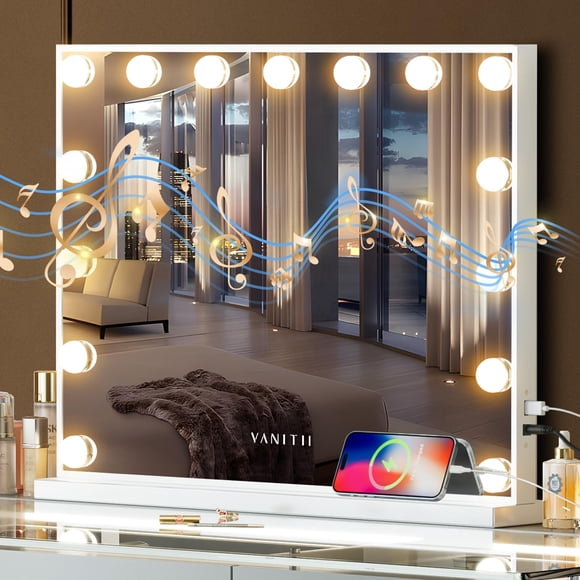 Espejo Vanity Hollywood con altavoz de luces, carga USB, espejo de maquillaje con bombillas, 3 modos de iluminación y espejo iluminado de escritorio para dormitorio y vestidor