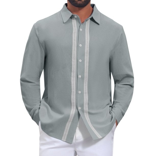 Camisas de Lino con Botones de Manga Larga y Bloque de Color con Encaje para Hombre M Gris