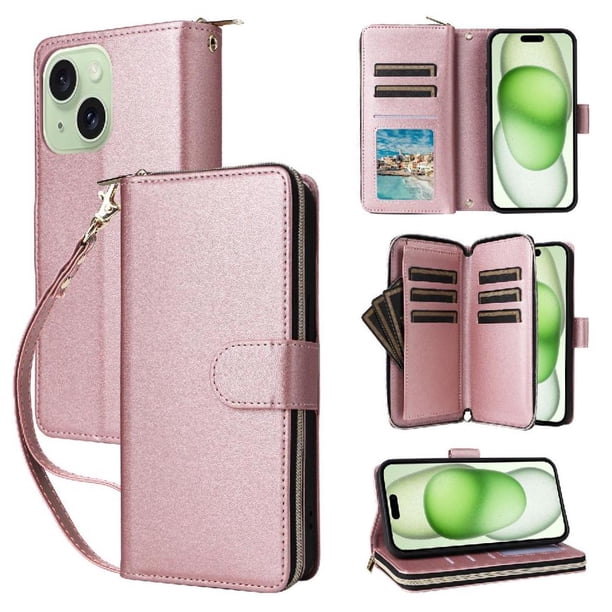 Funda Cartera con Cremallera y Correa para iPhone 15 Plus Soporte y Tarjetero Oro rosa