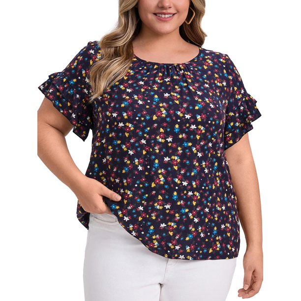 GRACE & GRANDEUR Blusas de Mujer Tallas Grandes Estampado Floral Cuello Redondo Volantes de Doble Capa Manga Corta Verano 4X Azul Oscuro