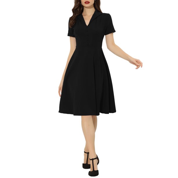 INSPIRE CHIC Vestidos Vintage para Mujeres 2024 Vestido de Cuello Plano de Manga Corta Ajustado y con Vuelo L Negro