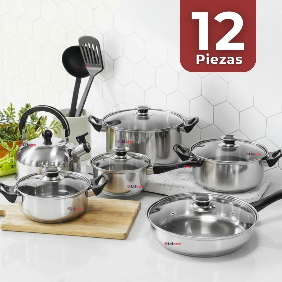 Line - Mini Batería De Cocina 12 Piezas De Acero Inoxidable Con Tapa De Vidrio Templado