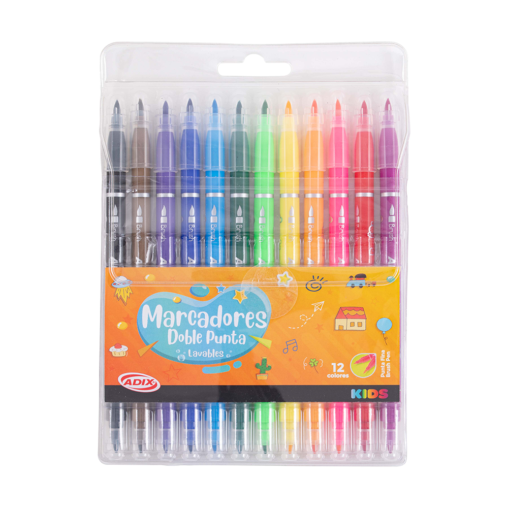 Set Marcadores Brush Pen Kids Doble Punta Adix 12 Colores