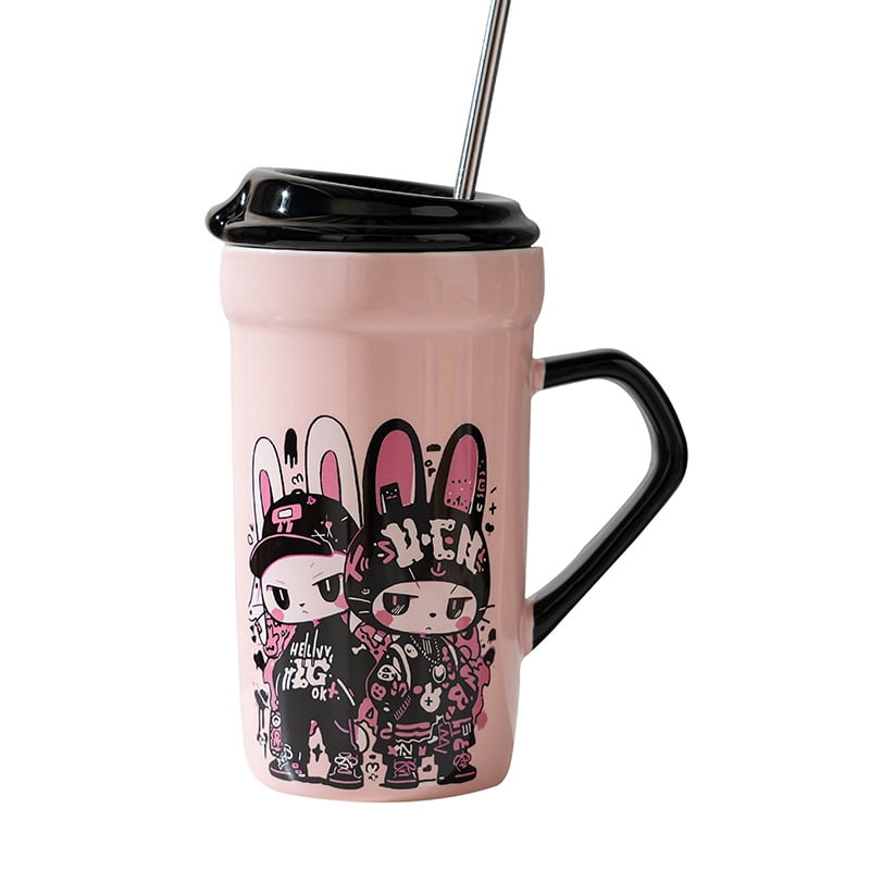 El Edén - Mug De Cerámica, Con Tapa Y Bombilla, Kawaii 470 Ml Color Rosado