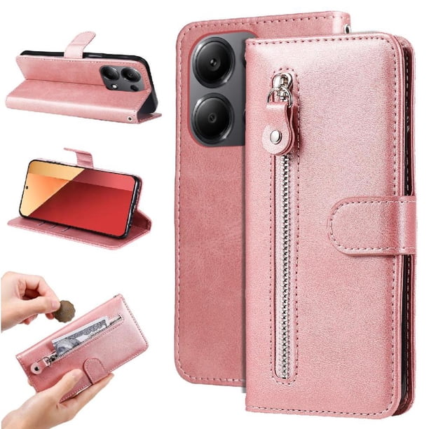Funda con Cremallera para Xiaomi Poco M6 Pro 4G, Carcasa Cartera de Cuero PU con Soporte y Tarjetero