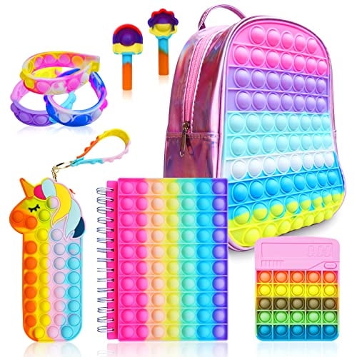 Mochila Burbujas Niñas, Bolsas Pop it, Cuaderno Pop it y Estuche Lápices Unicornio para Útiles Escolares Niños, Alivia el Estrés, Regalo Cumpleaños