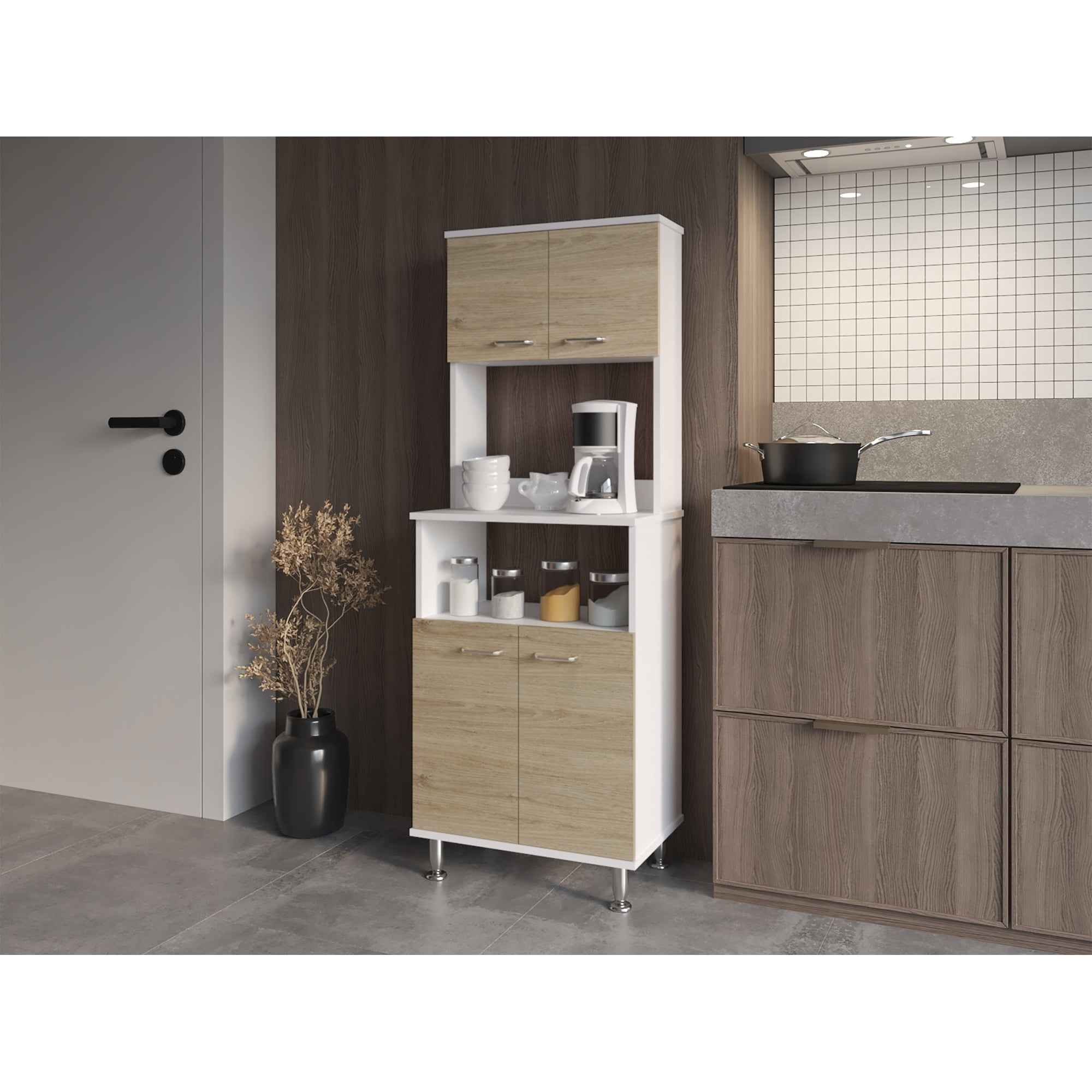 Tuhome - Mueble Para Microondas Kitchen-54 Blanco Y Rovere 160x54x35 Cm
