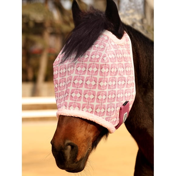 Máscara antimoscas para caballo Tackmore de malla estampada con acolchado de fleece rosa
