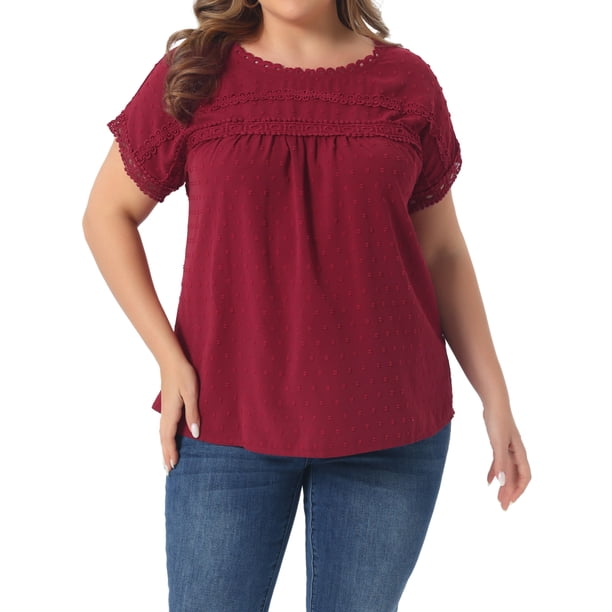 Agnes Orinda Blusas de Mujer Tallas Grandes Chiffon Swiss Dots Mangas Cortas Encaje Crochet Blusa Plisada L Burdeos