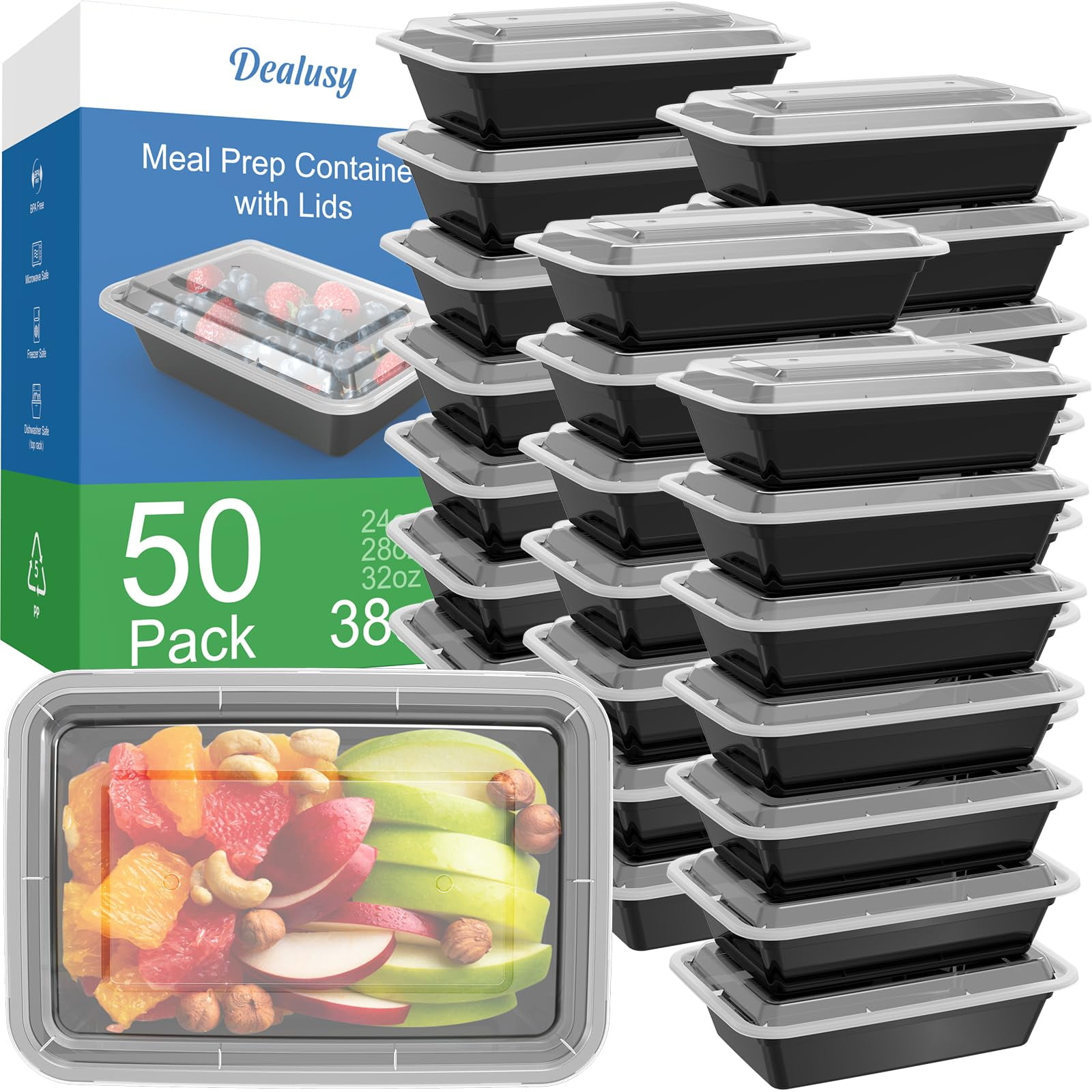 Recipientes Para Preparación De Comidas Dealusy De 38 Oz (paquete De 50) Con Tapas