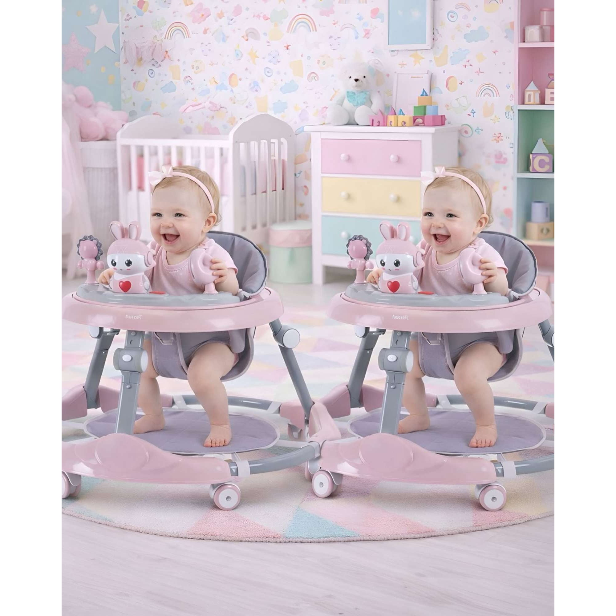 Imac Hogar - Pack 2 Andador De Bebe Gemelos Con Juegos Interactivos Rosado