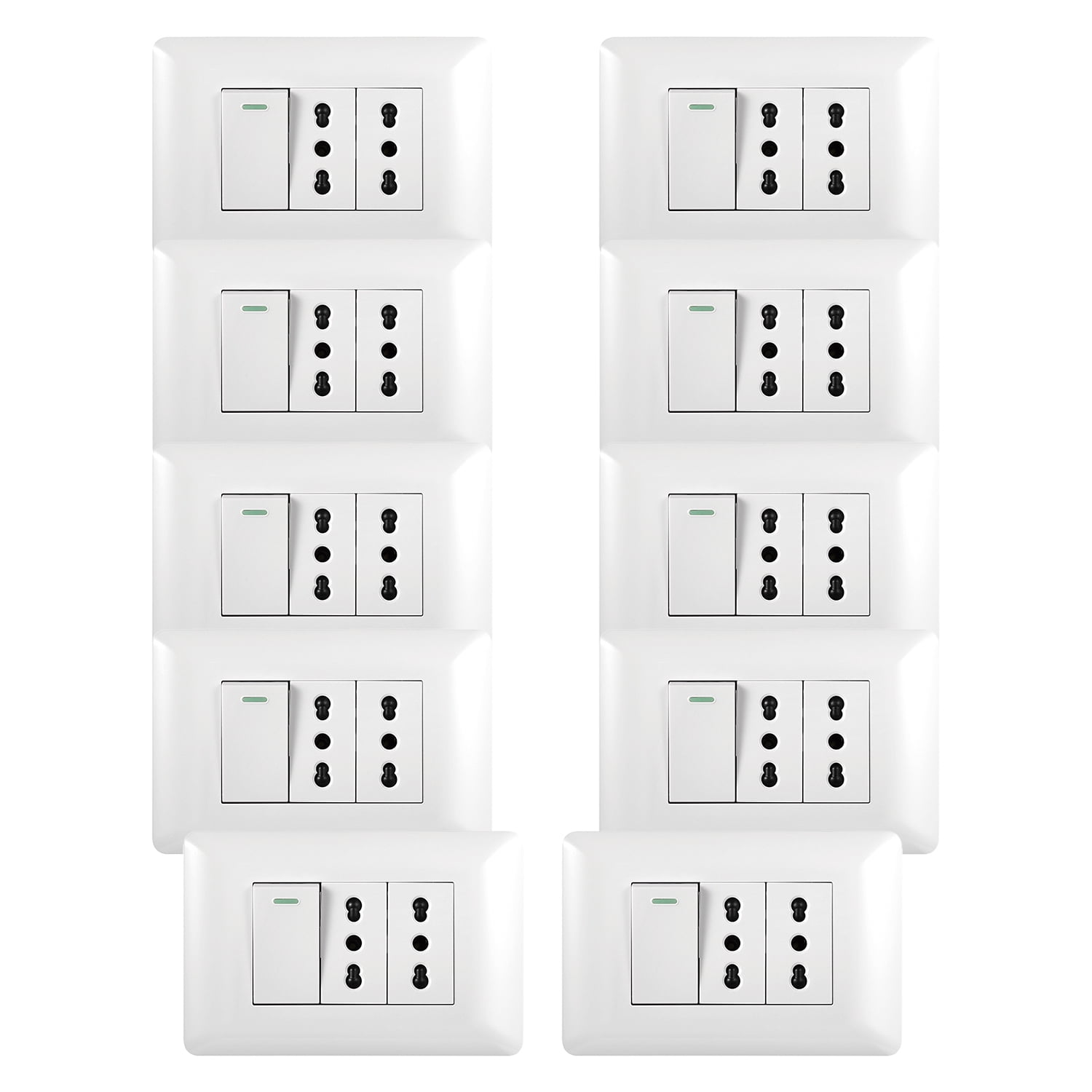 Genérico - Pack 10 Tomacorriente Doble 10/16a 250v + Interruptor Simple 9/12 10a Blanco