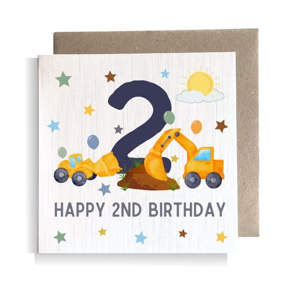 Tarjeta de cumpleaños Second Ave 15 cm cuadrada para 2 años – Excavadora