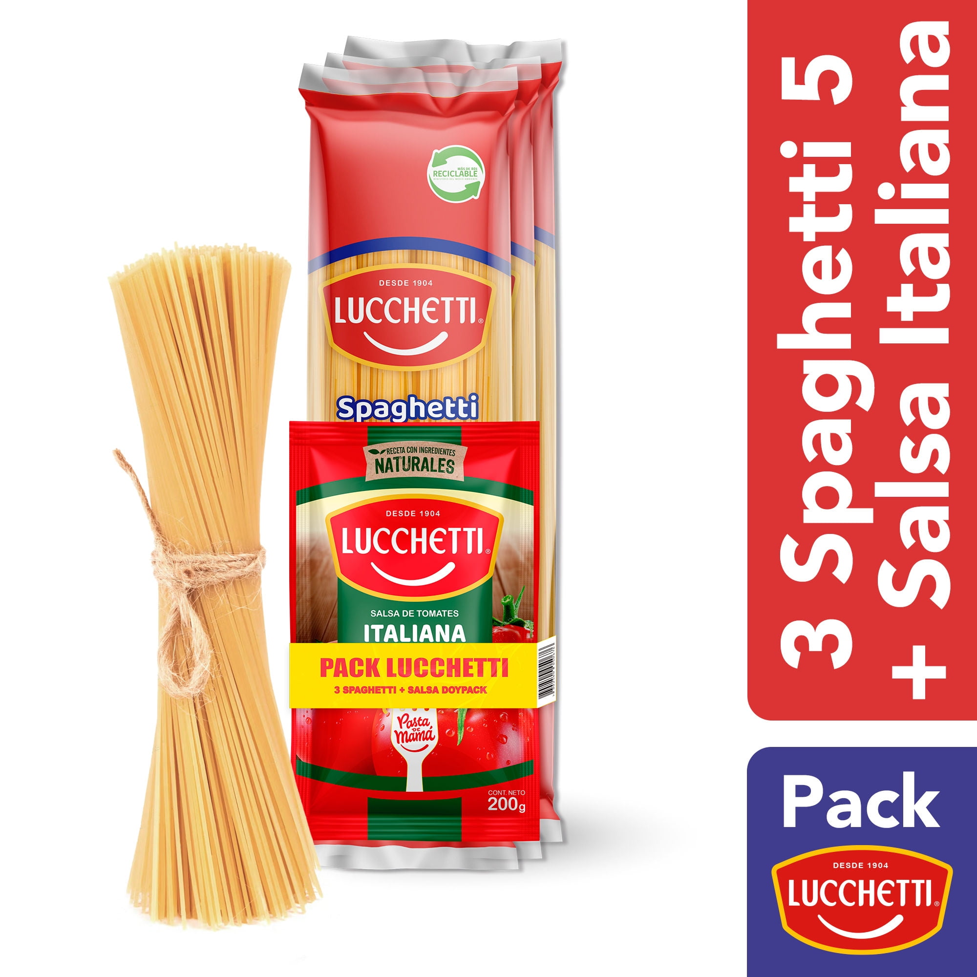 Fideo Pasta Pack Spaghetti N°5 3 Unidades 400 Gr + Salsa Tomate 1 Unidad 200 Gr 1 Un Lucchetti