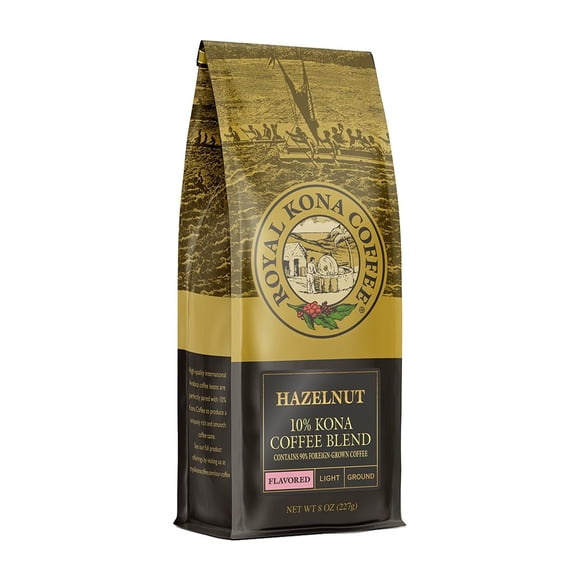 Mezcla de café Kona Royal Kona 10%, café molido tostado claro con sabor a avellana, un sabor de Aloha, 227 gramos