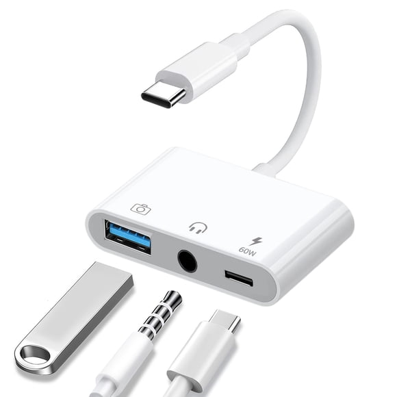 Adaptador MTIQHS USB OTG 3 en 1 con USB C a audio de 3,5 mm y PD de 60 W